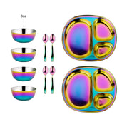 Set of rainbow-colored stainless steel compartment plates and bowls with spoons on a white background perfect for babies and toddlers
