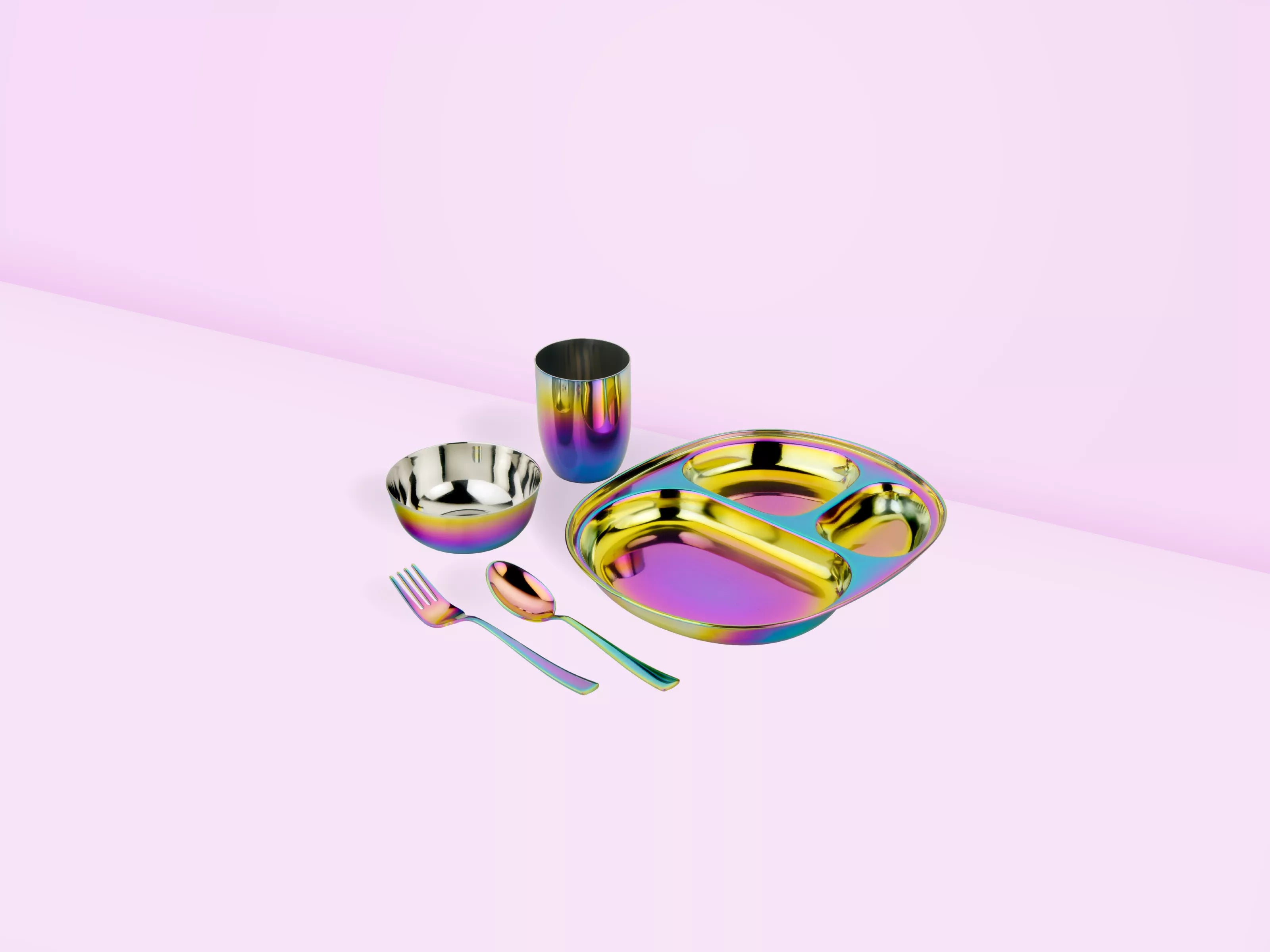 Ahimsa-MindfulMealtimeSet-rainbow-color-steel-dishes.webp