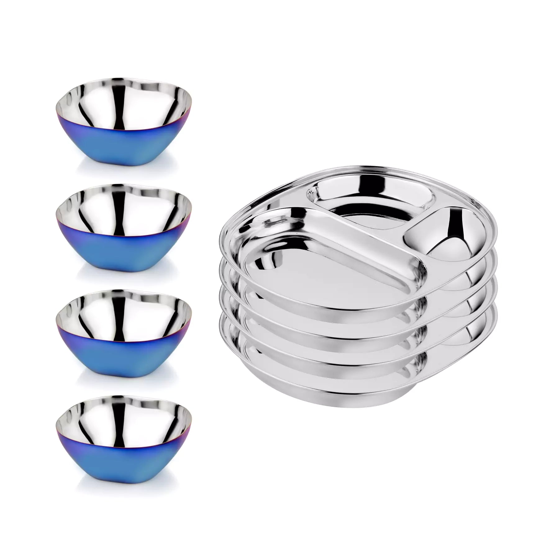 Blue and classic 4 Smart snacking bowls stainless steel 12 ounces and compartment plates