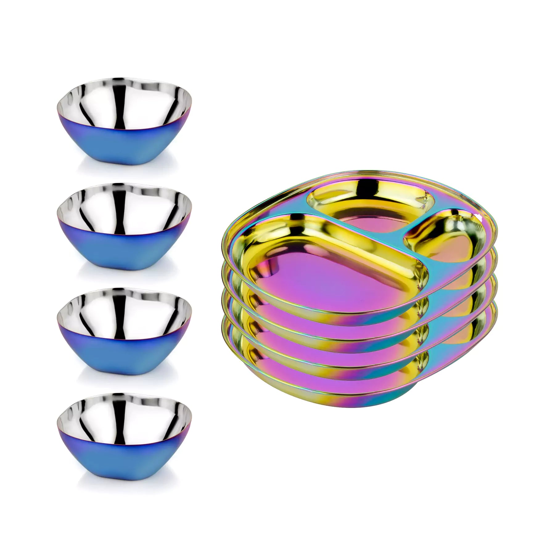 Blue and Rainbow 4 Smart snacking bowls stainless steel 12 ounces and compartment plates