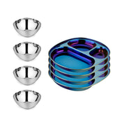 Classic and blue 4 Smart snacking bowls stainless steel 12 ounces and compartment plates