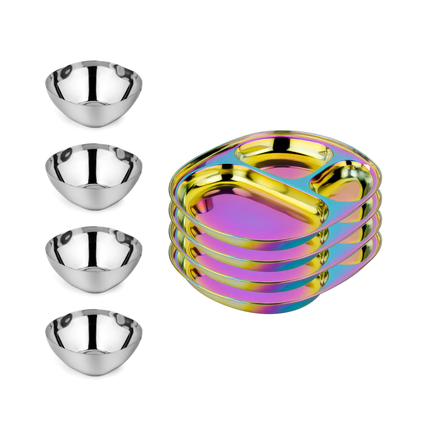 Classic and Rainbow 4 Smart snacking bowls stainless steel 12 ounces and compartment plates