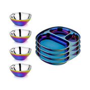 Rainbow and blue 4 Smart snacking bowls stainless steel 12 ounces and compartment plates