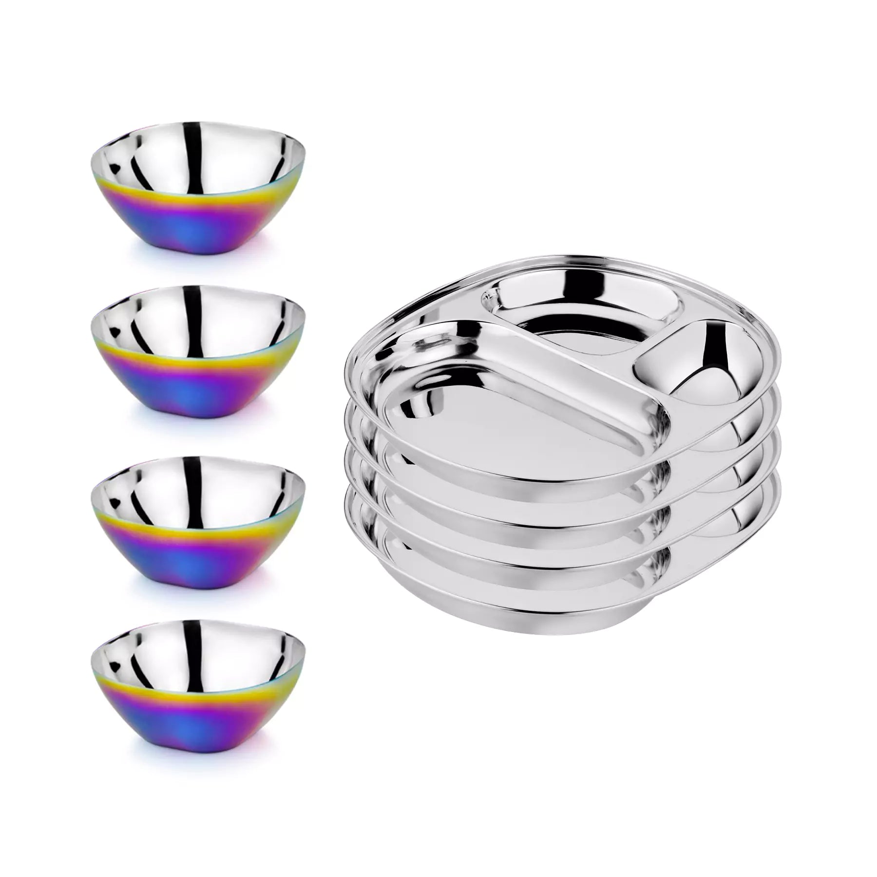 Rainbow and classic 4 Smart snacking bowls stainless steel 12 ounces and compartment plates