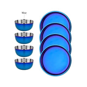 Set of four blue stainless steel 16 oz bowls and four 9" Purposeful Plates