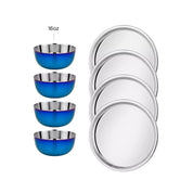 Set of four blue stainless steel 16 oz bowls and four 9" classic Purposeful Plates