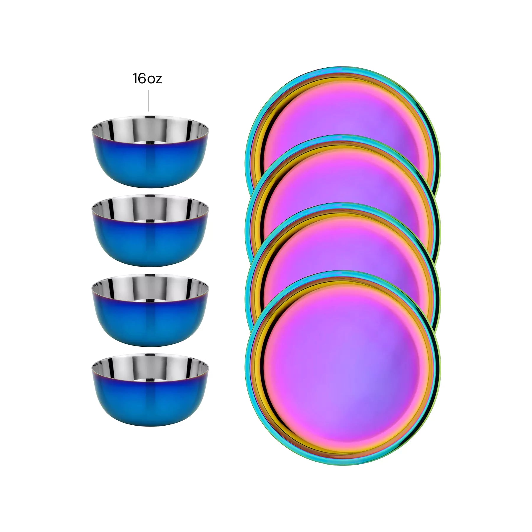 Set of four blue stainless steel 16 oz bowls and four 9" rainbow Purposeful Plates