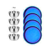 Set of four stainless steel classic 16 oz bowls and four 9" blue Purposeful Plates