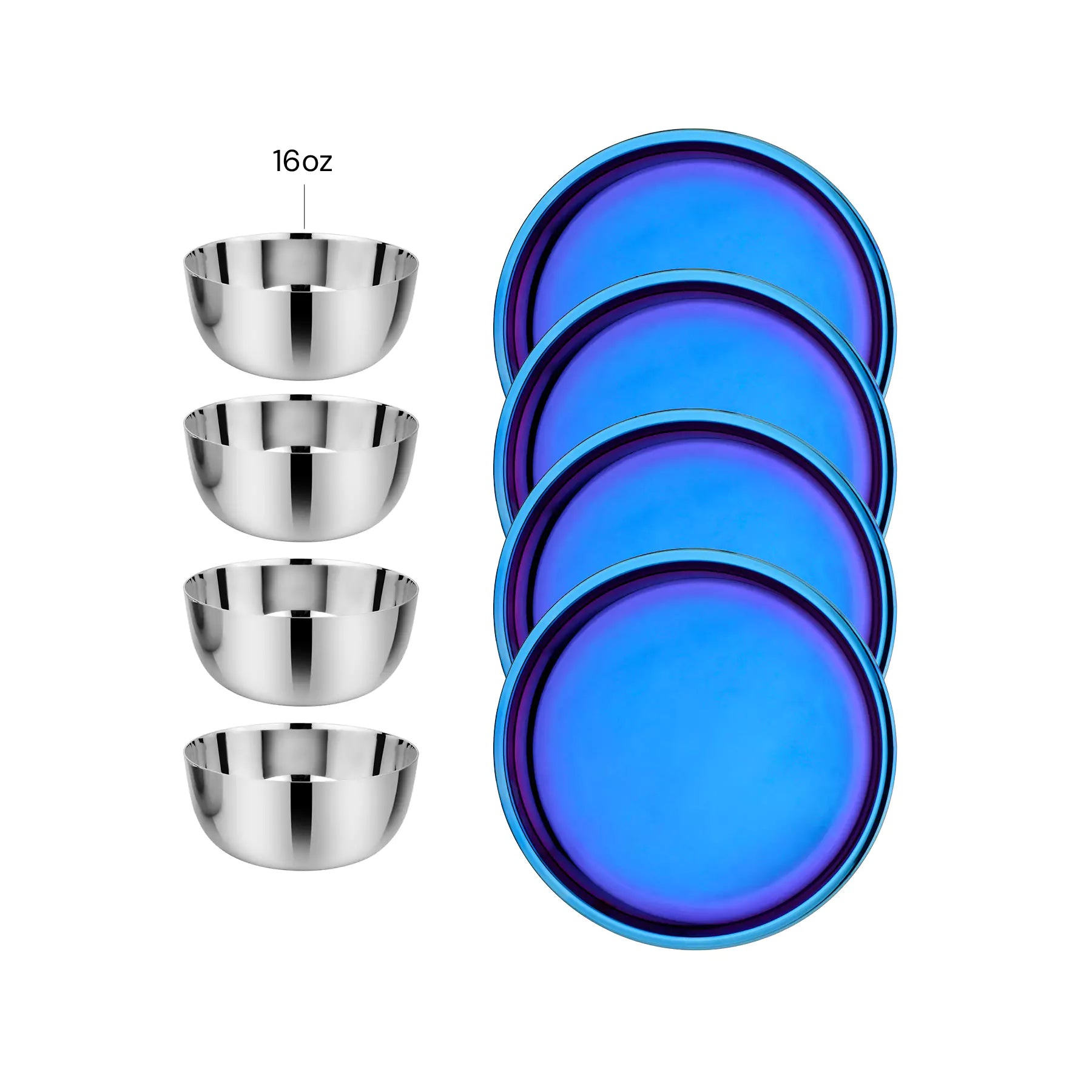 Set of four stainless steel classic 16 oz bowls and four 9" blue Purposeful Plates