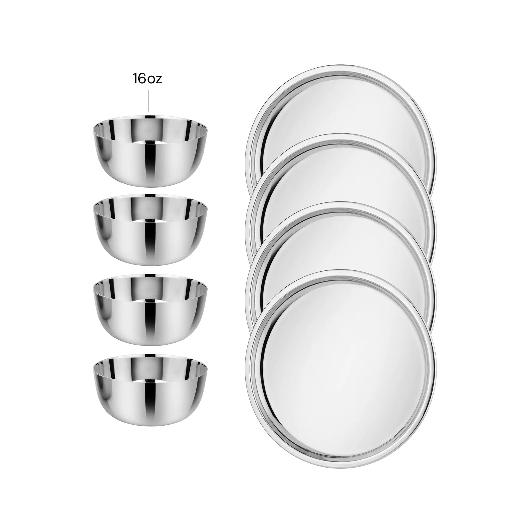 Set of four stainless steel 16 oz bowls and four 9" Purposeful Plates