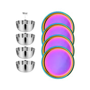 Set of four classic stainless steel 16 oz bowls and four 9" rainbow Purposeful Plates