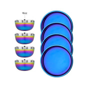 Set of four rainbow stainless steel 16 oz bowls and four blue 9" Purposeful Plates