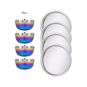 Set of four rainbow stainless steel 16 oz bowls and four classic 9" Purposeful Plates