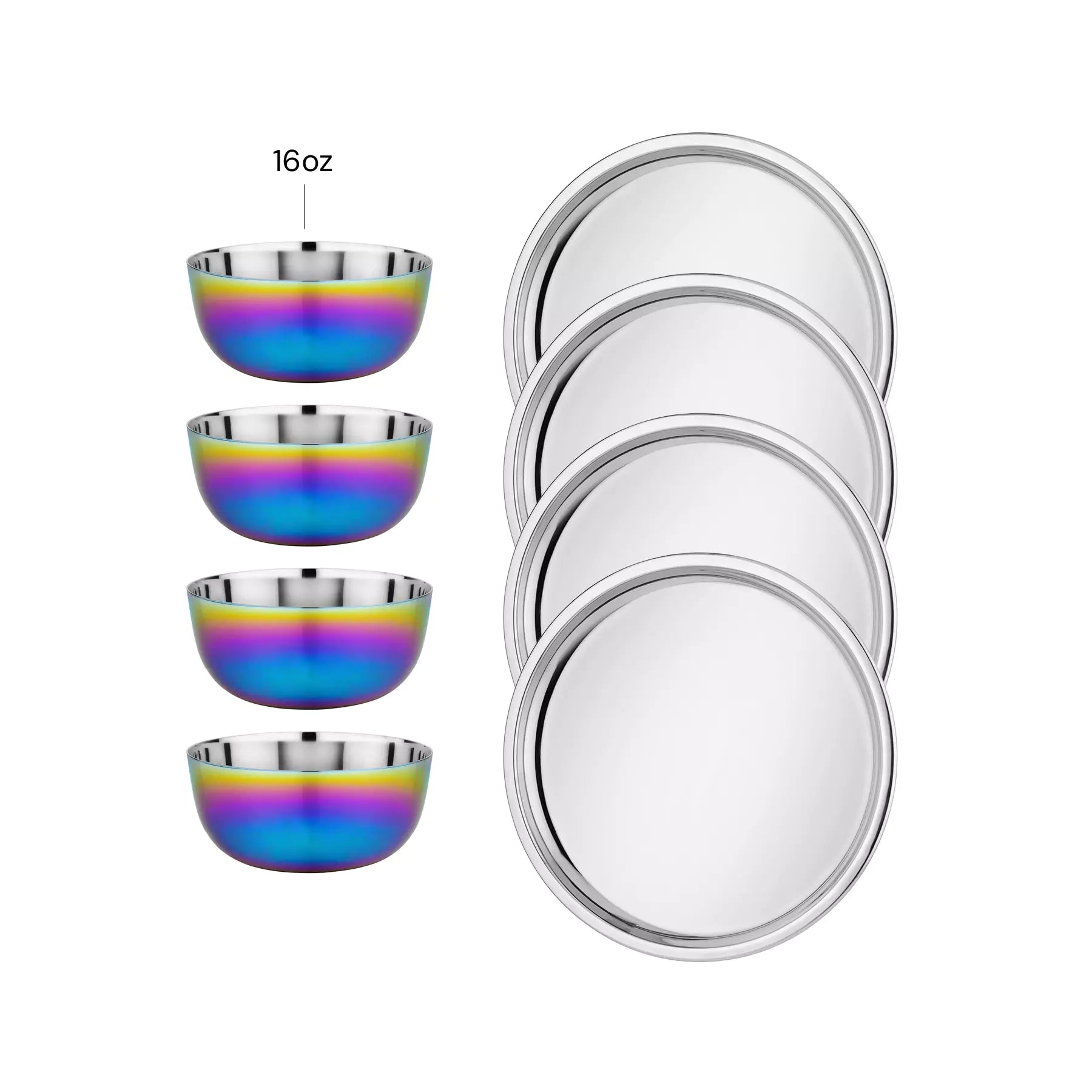 Set of four rainbow stainless steel 16 oz bowls and four classic 9" Purposeful Plates