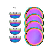 Set of rainbow four stainless steel 16 oz bowls and four 9" Purposeful Plates