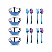 Four Stainless steel bowls and utensil sets
