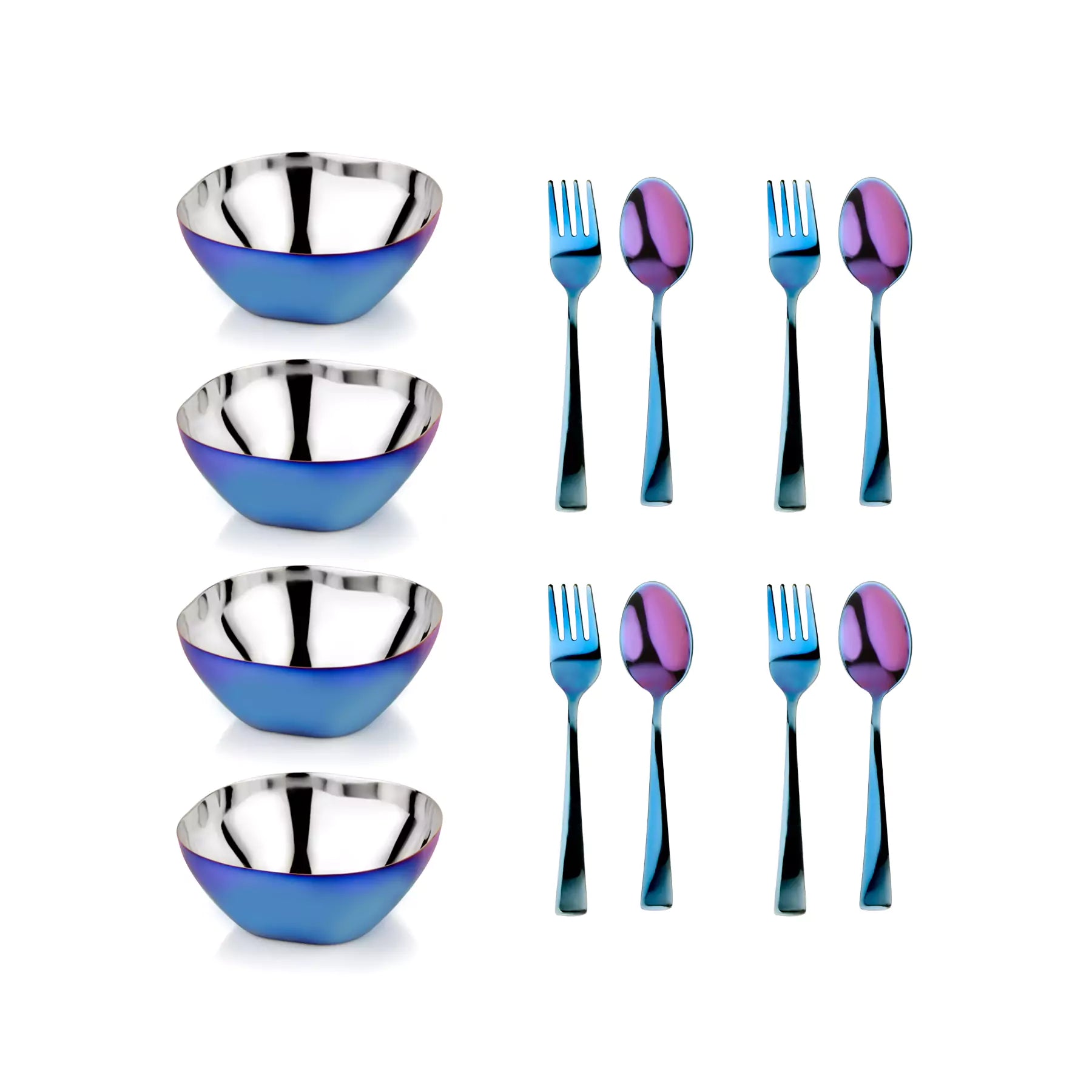 Four Stainless steel bowls and utensil sets