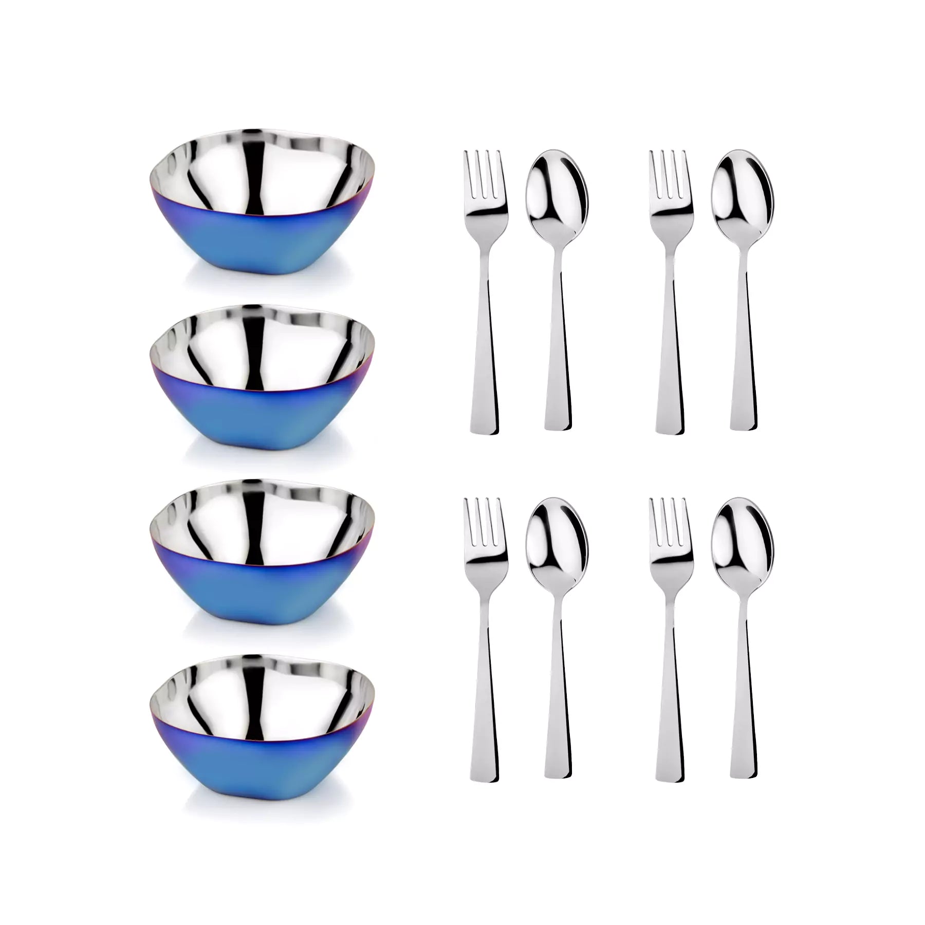 Four Stainless steel bowls and utensil sets