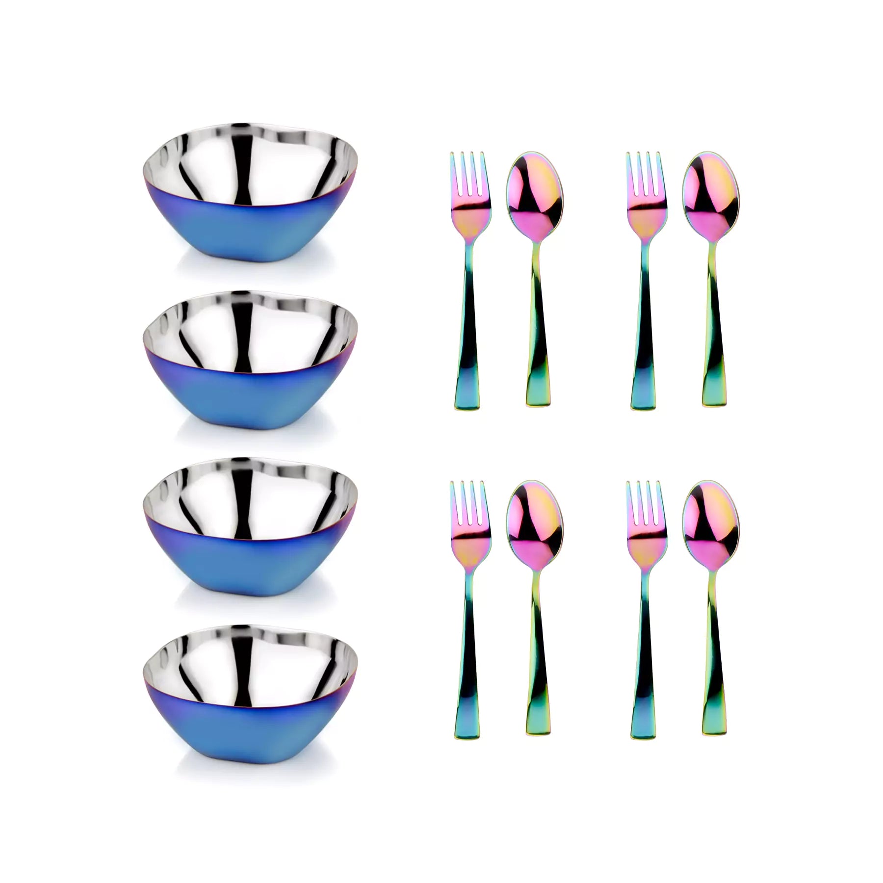 Four Stainless steel bowls and utensil sets