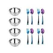 Four Stainless steel bowls and utensil sets