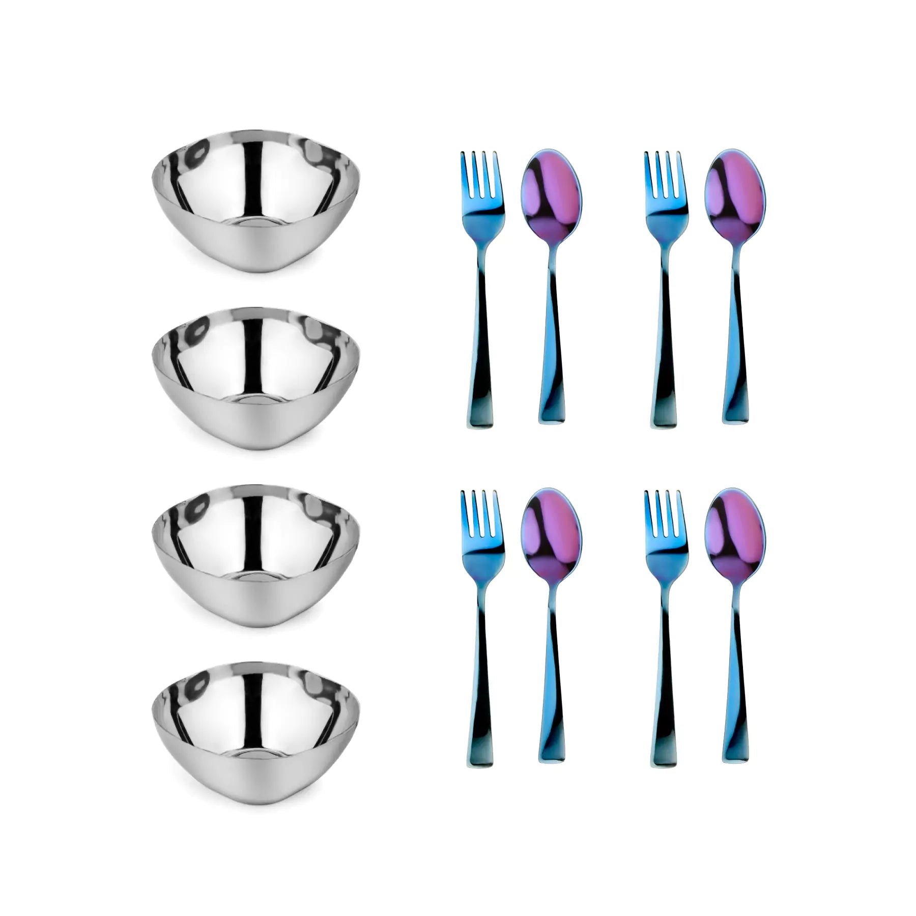 Four Stainless steel bowls and utensil sets