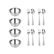 Four Stainless steel bowls and utensil sets