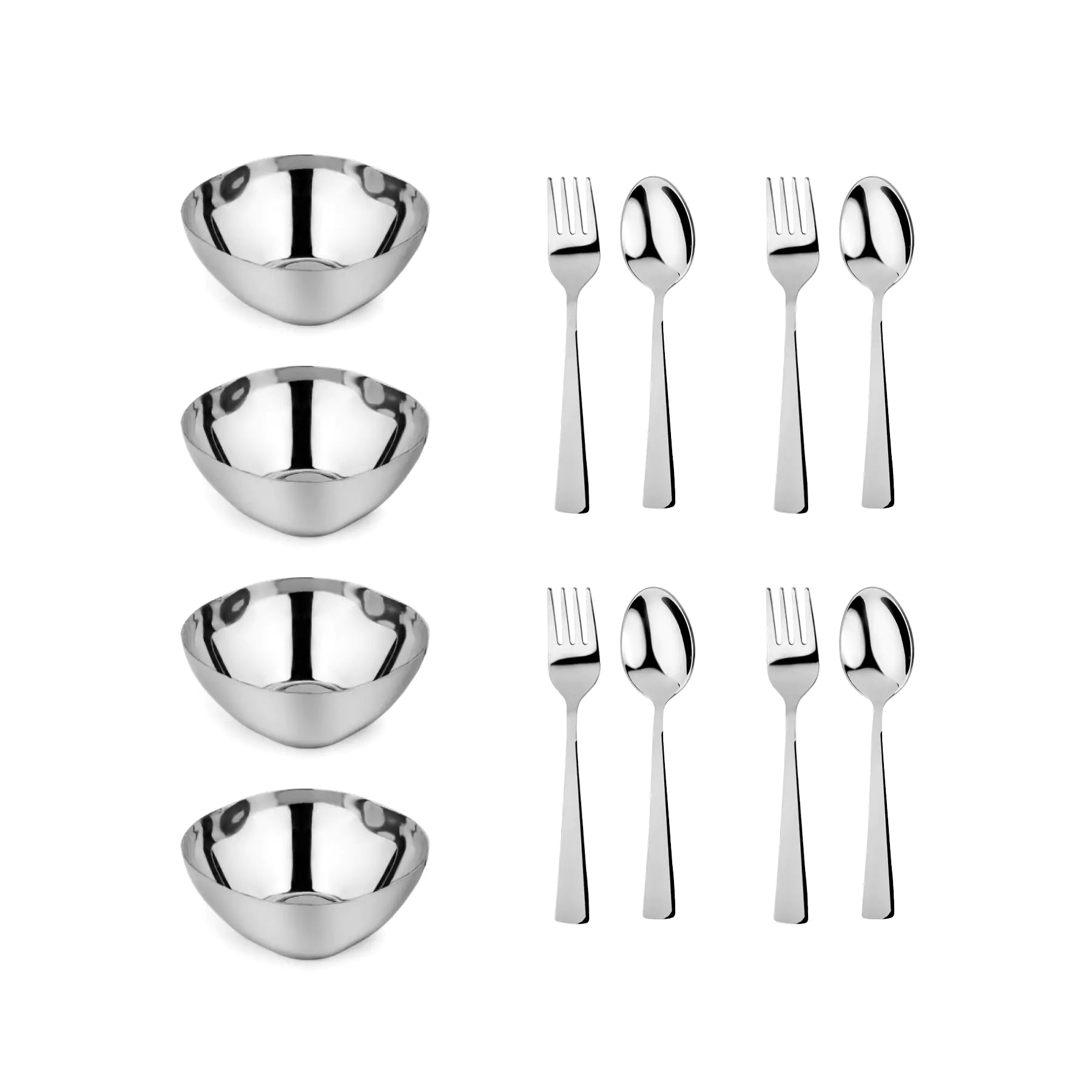 Four Stainless steel bowls and utensil sets