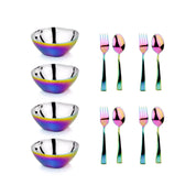 Four Stainless steel bowls and utensil sets