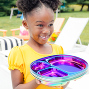 Stackable and durable stainless steel kids compartment plates great for on the go, outdoors or eating at home 
