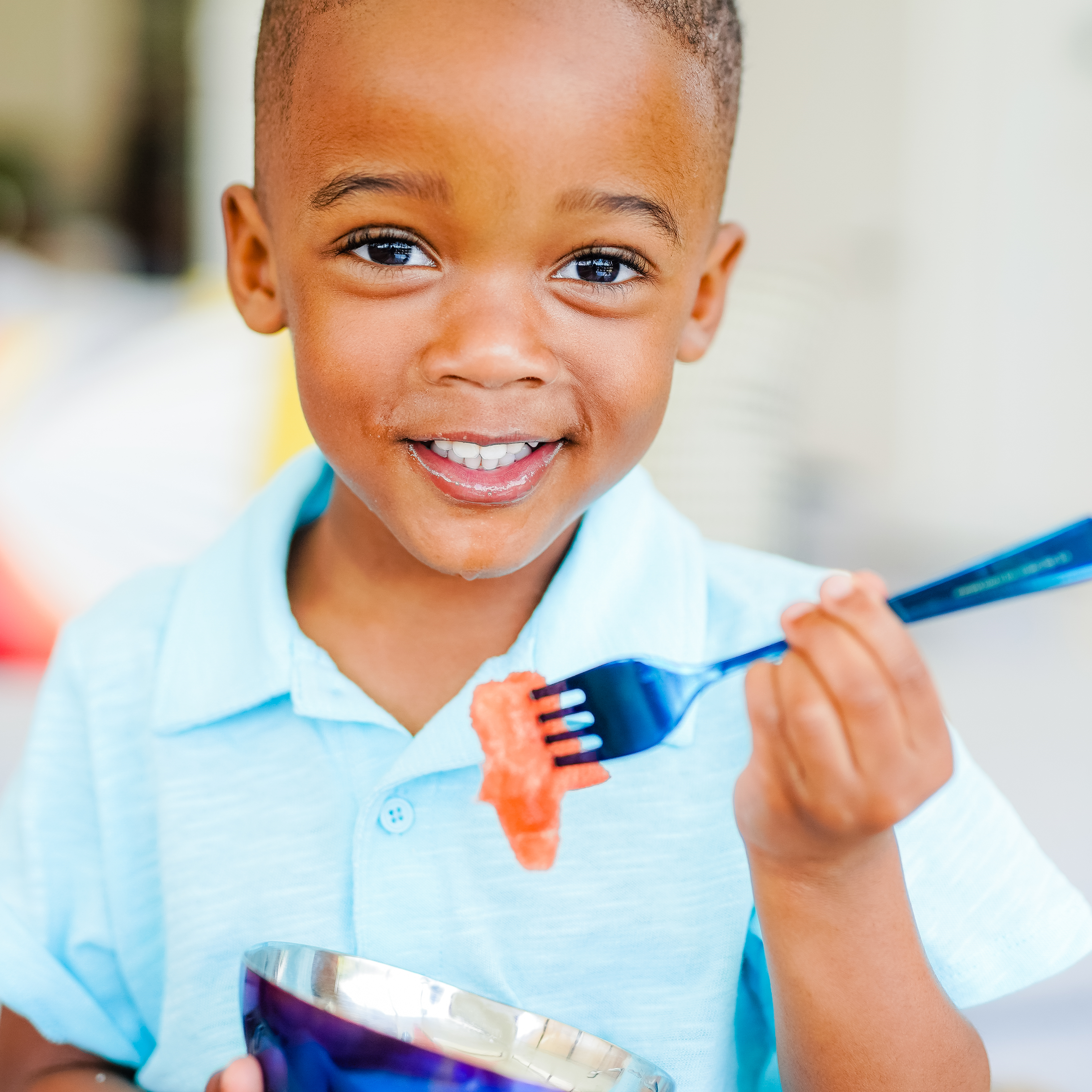 Blue stainless steel snack bowl and fork 