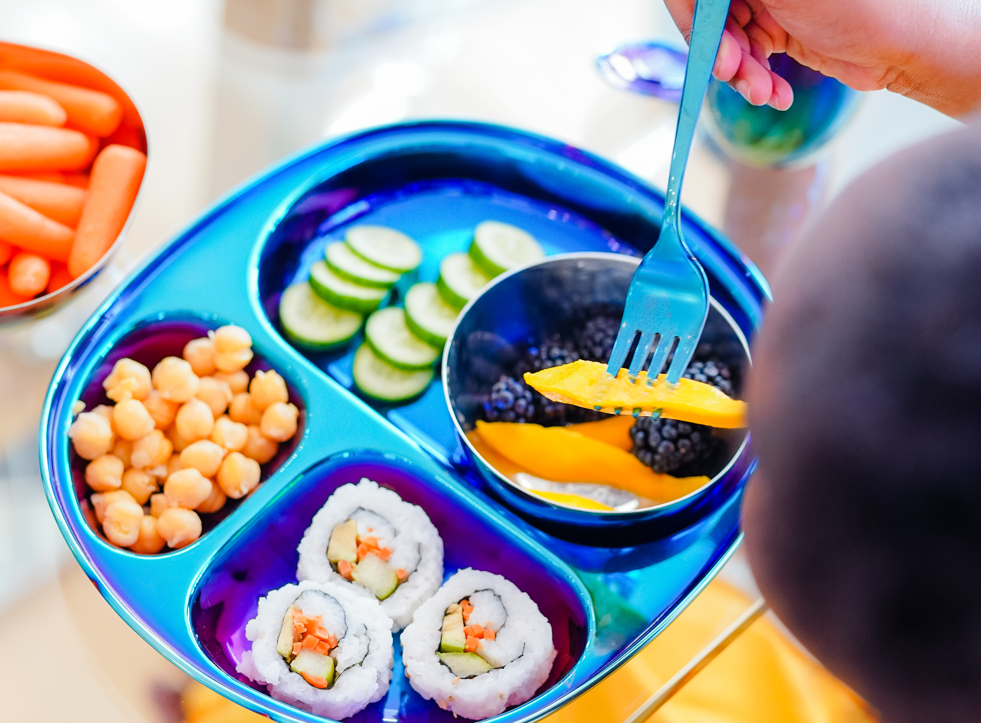 Pediatrician-mom designed to encourage healthy variety, portions and habits at any age. For ages: 12 months+  Plate: large wells make them perfect as plates, trays and charcuterie boards. 