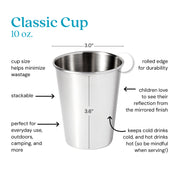 non toxic, plastic free kids cups, cup size helps minimize wastage, perfect for everyday use, outdoors, camping, and more. Rolled edge for durability, children love to see their reflection from the mirrored finish. Stainless steel cups help keep cold drinks cold and hot drinks hot (so be mindful when serving!)