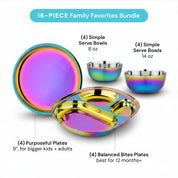 26-piece dish set Rainbow Family Favorites Bundle with 4 Purposeful 9" Plates, 4 Balanced Bites Divided Plates, 4 Simple Serve 8 ounce bowls, and 4 Simple Serve 14 ounce bowls