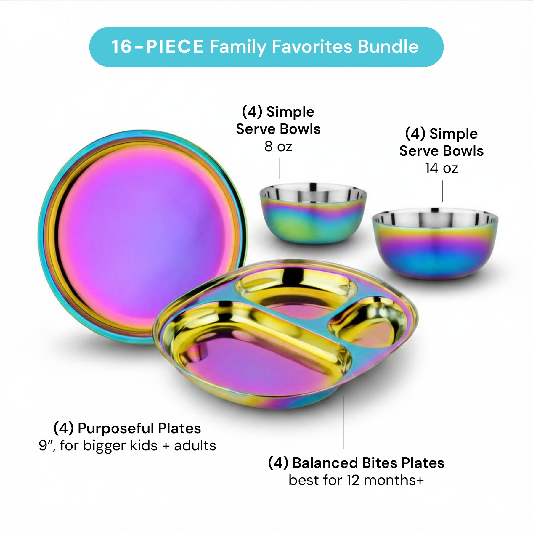 26-piece dish set Rainbow Family Favorites Bundle with 4 Purposeful 9" Plates, 4 Balanced Bites Divided Plates, 4 Simple Serve 8 ounce bowls, and 4 Simple Serve 14 ounce bowls