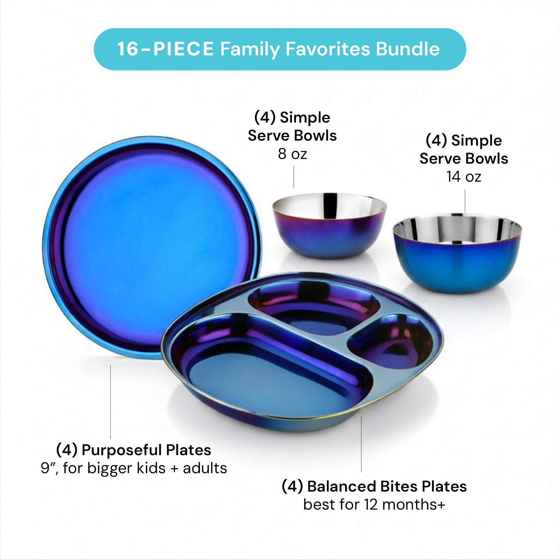 26-piece dish set Blue Family Favorites Bundle with 4 Purposeful 9" Plates, 4 Balanced Bites Divided Plates, 4 Simple Serve 8 ounce bowls, and 4 Simple Serve 14 ounce bowls