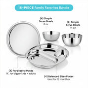 26-piece dish set Classic Family Favorites Bundle with 4 Purposeful 9" Plates, 4 Balanced Bites Divided Plates, 4 Simple Serve 8 ounce bowls, and 4 Simple Serve 14 ounce bowls
