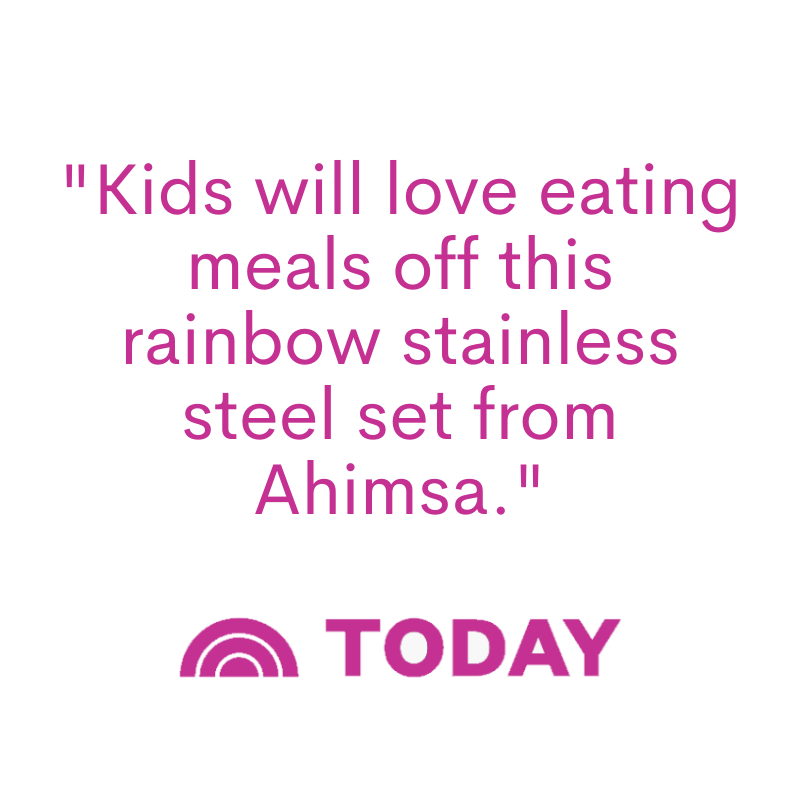 Kids will love eating meals off this rainbow stainless steel set from Ahimsa.