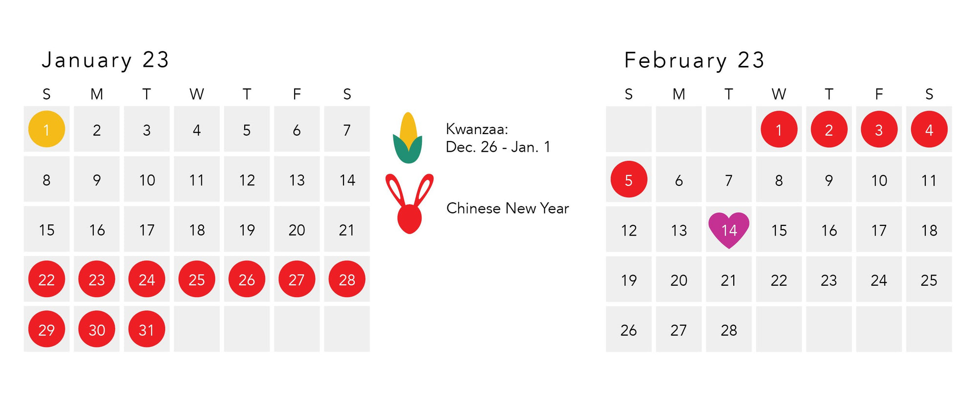 Calendar for January and February 2023 - coincides with activity placemats for kids