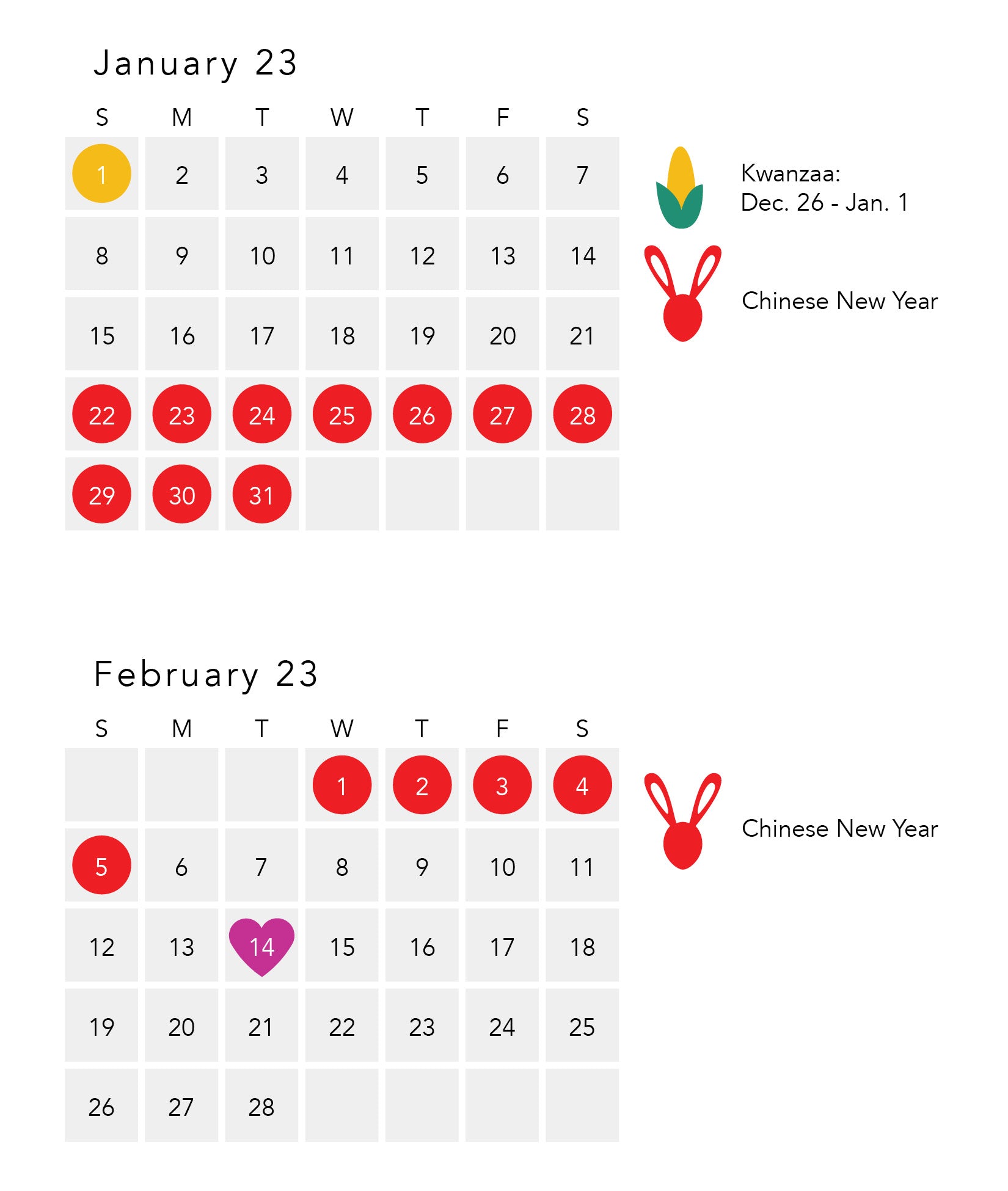 January 2023 and February 2023 calendars coinciding with Ahimsa activity placemats for kids