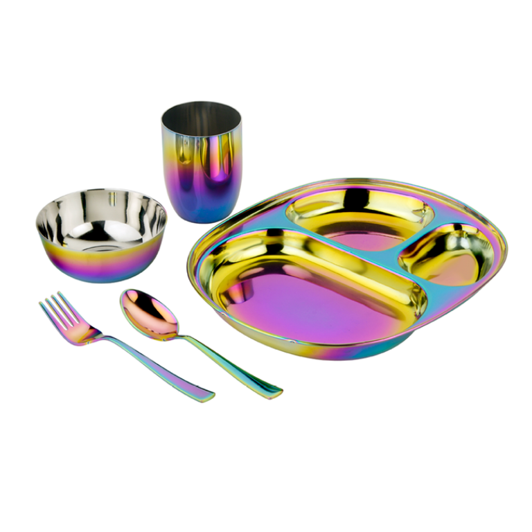 Rainbow Mindful Mealtime Set - 5-piece dinnerware set with Balanced Bites divided plate with 3 compartments, 8 ounce round bowl, fork, spoon, and 8 ounce Conscious Cup - all stainless steel, Madesafe certified, and dishwasher safe -perfect stainless steel toddler plates and stainless steel kids dishes