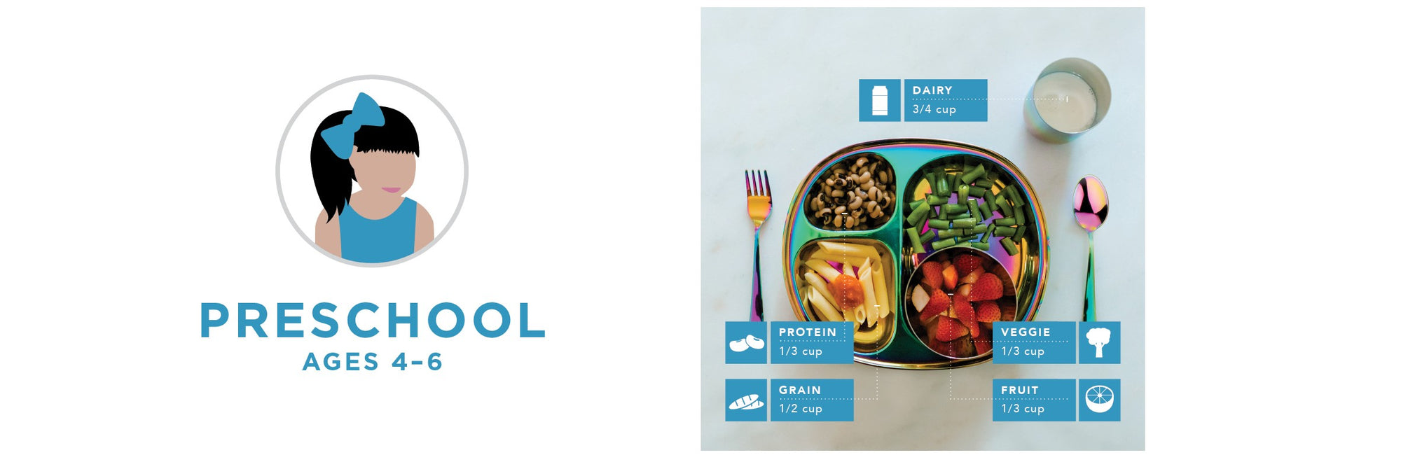 Preschool ages 4-6 Mealtime Guides - Dairy 3/4 cup, Protein 1/3 cup, Grain 1/2 cup, Veggie 1/3 cup and Fruit 1/3 cup