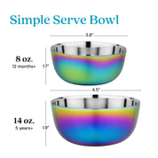Two rainbow-colored bowls with measurements of 8 ounces for 12 months and up and 14 ounces for 5 years and up recommendations on a white background