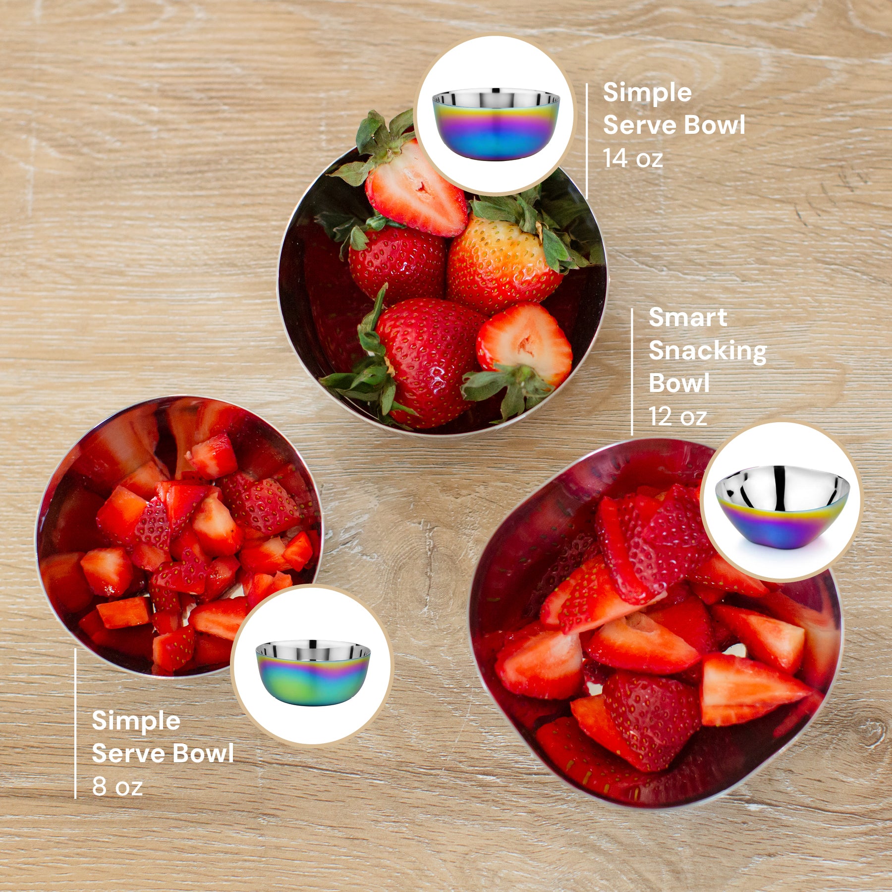 Three bowls filled with strawberries on a wooden surface, with labels indicating their sizes, 8 ounce Simple Serve bowl, 14 ounce Simple Serve Bowl, and 12 ounce Smart Snacking Bowl.