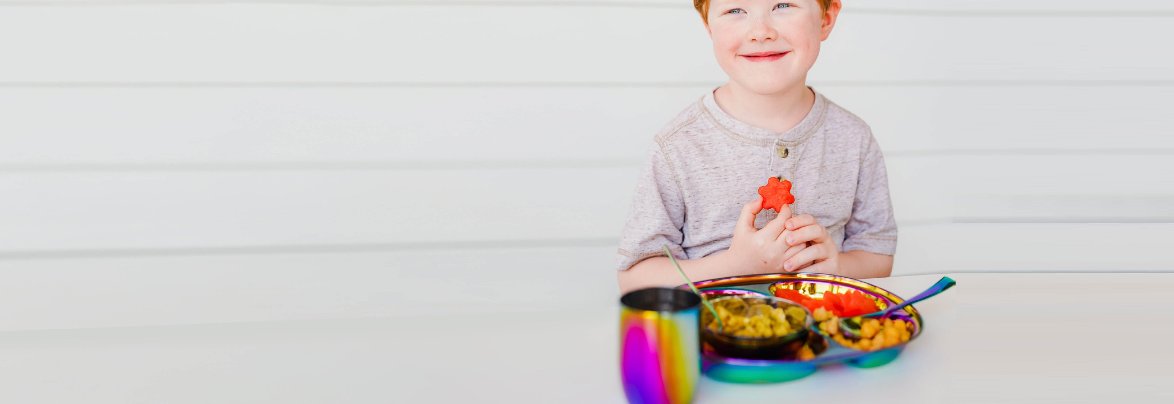 Rainbow Mindful Mealtime Set - stainless steel compartment plate, 8 ounce cup, 8 ounce bowl, fork, and spoon