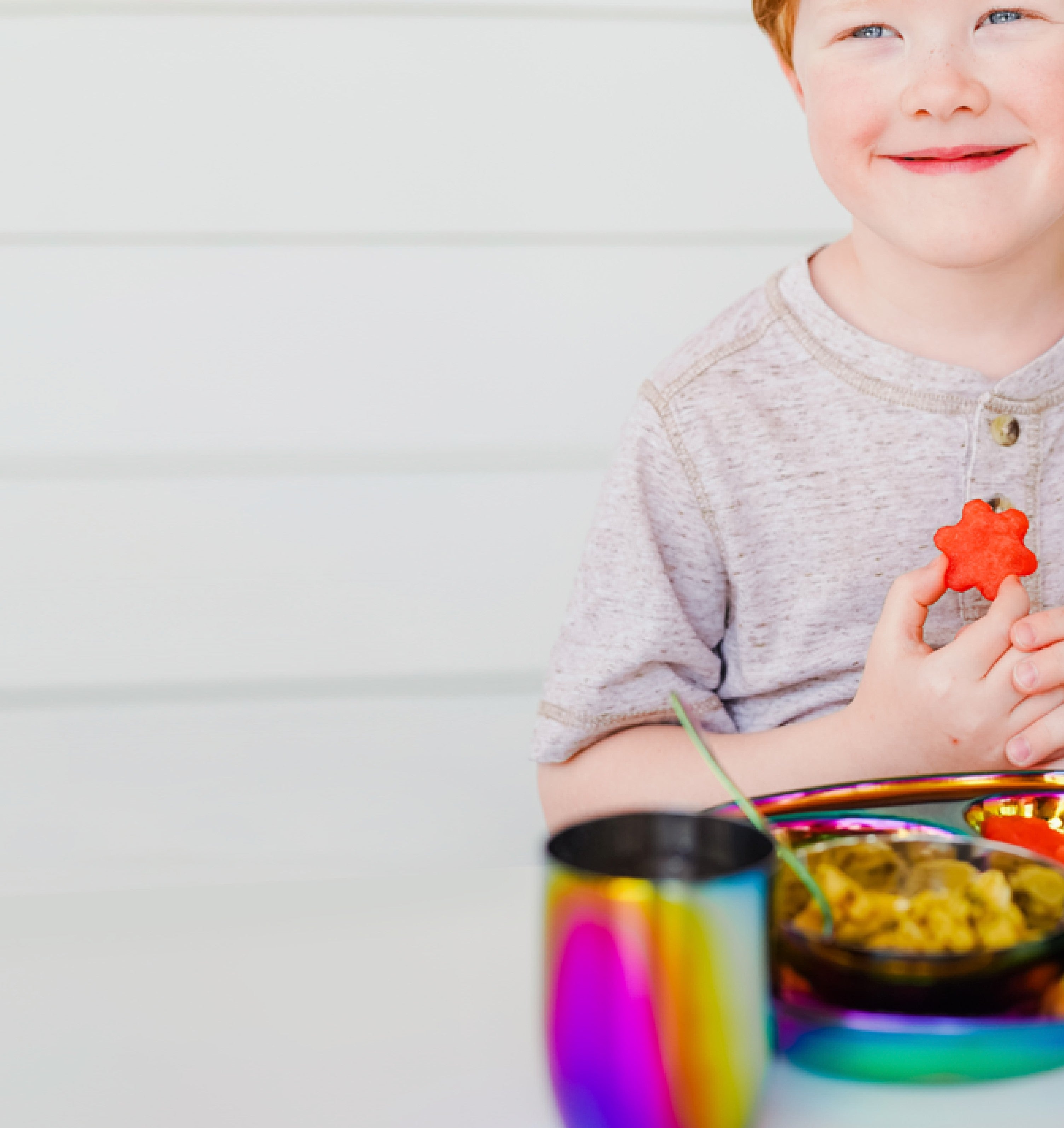 Rainbow Mindful Mealtime Set - stainless steel compartment plate, 8 ounce cup, 8 ounce bowl, fork, and spoon