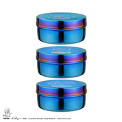 Three blue metal containers with colorful rims on a white background - each with a Smurf etched on the lid along with The Smurfs logo - Papa Smurf, Smurfette, and Classic Smurf