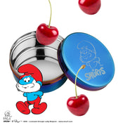 Stainless steel fod container with blue lid featuring Smurf design, Papa Smurf with The Smurfs logo surrounded by cherries on a white background. For you Smurf lunch box.