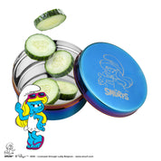 Cucumber slices in a Smurfs-themed stainless steel food container for kids and adults with a cartoon Smurf character. For your Smurfette lunch box or lunch bag.