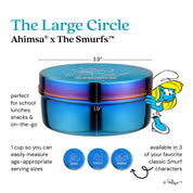 Large Circle stainless steel blue food container with Smurfette etched to the lid with The Smurfs logo. Perfect for school lunches, snacks, and on-the-go. 1 cup so you can easily measure age-appropriate serving sizes and available in 3 of your favorite classic Smurf characters.