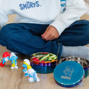 Little boy wearing a Smurfs hoodie with Smurfs toys and stainless steel food containers with raspberries, cucumbers, and carrots